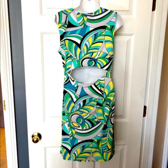 Jennifer Lopez Colorful Peacock Sleeveless Open Back Dress Size Medium - Picture 2 of 3